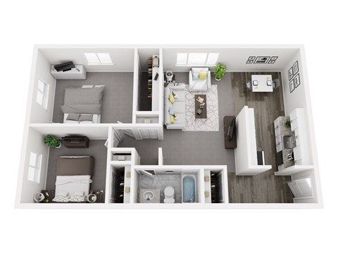 A top-down view of a small, neatly organized apartment.
